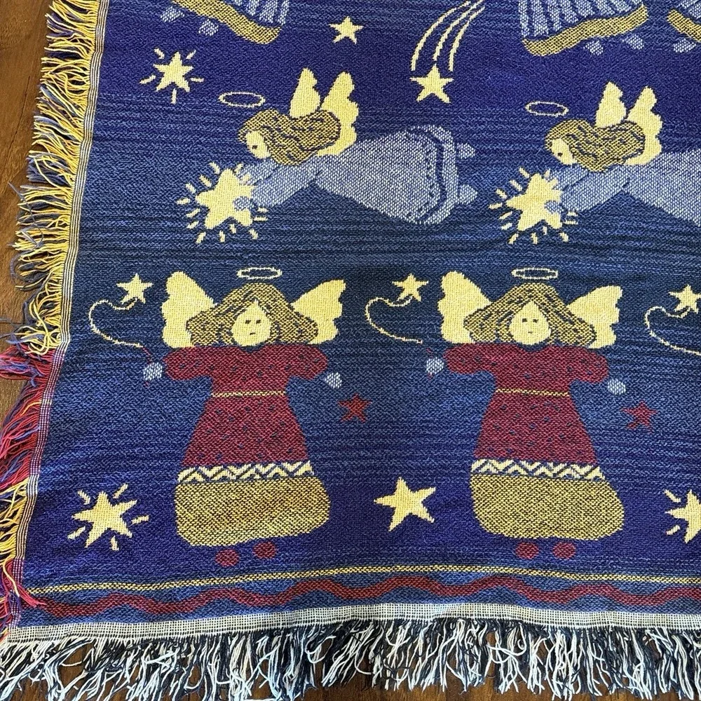 VTG Angel Celestial Tapestry Throw Blanket 47x57 Blue Woven Fringe Christmas